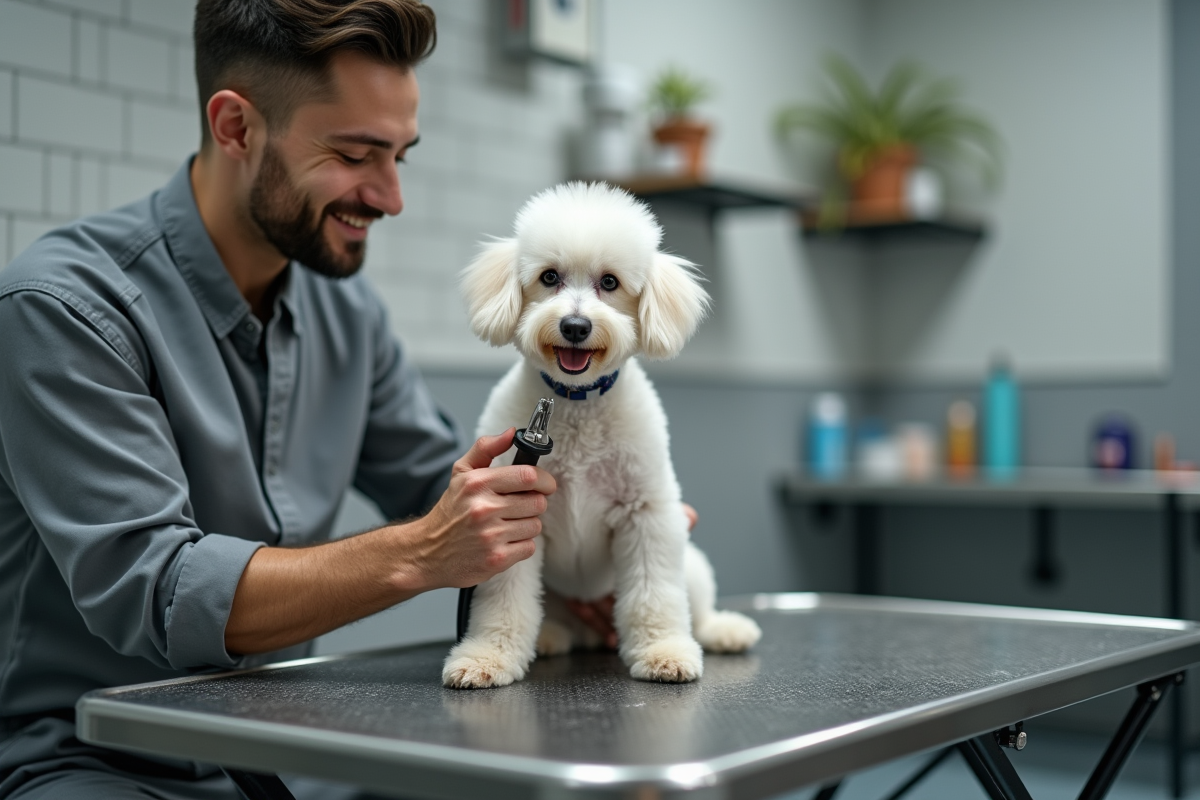 Jeune homme groomer avec un poodle blanc dans un salon moderne