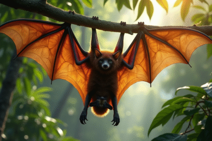 Gros kalong suspendu à une branche dans la forêt tropicale