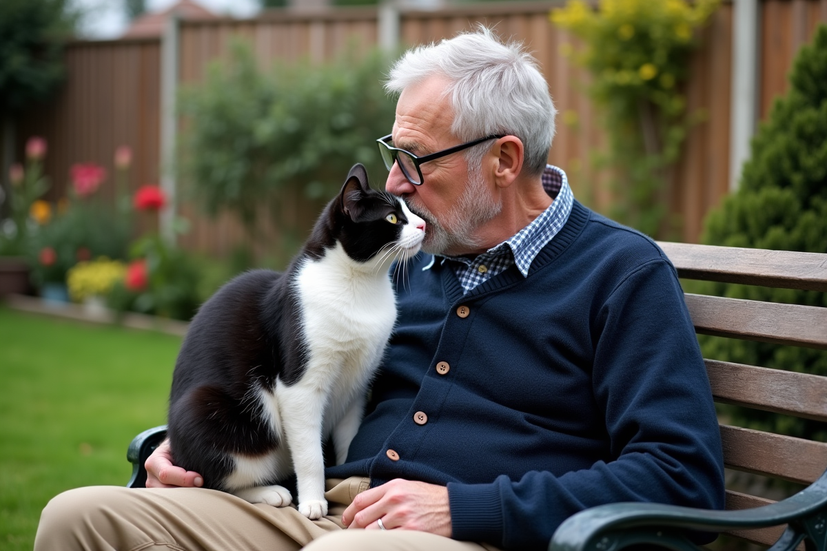 Homme âgé embrassant son chat noir et blanc dans le jardin