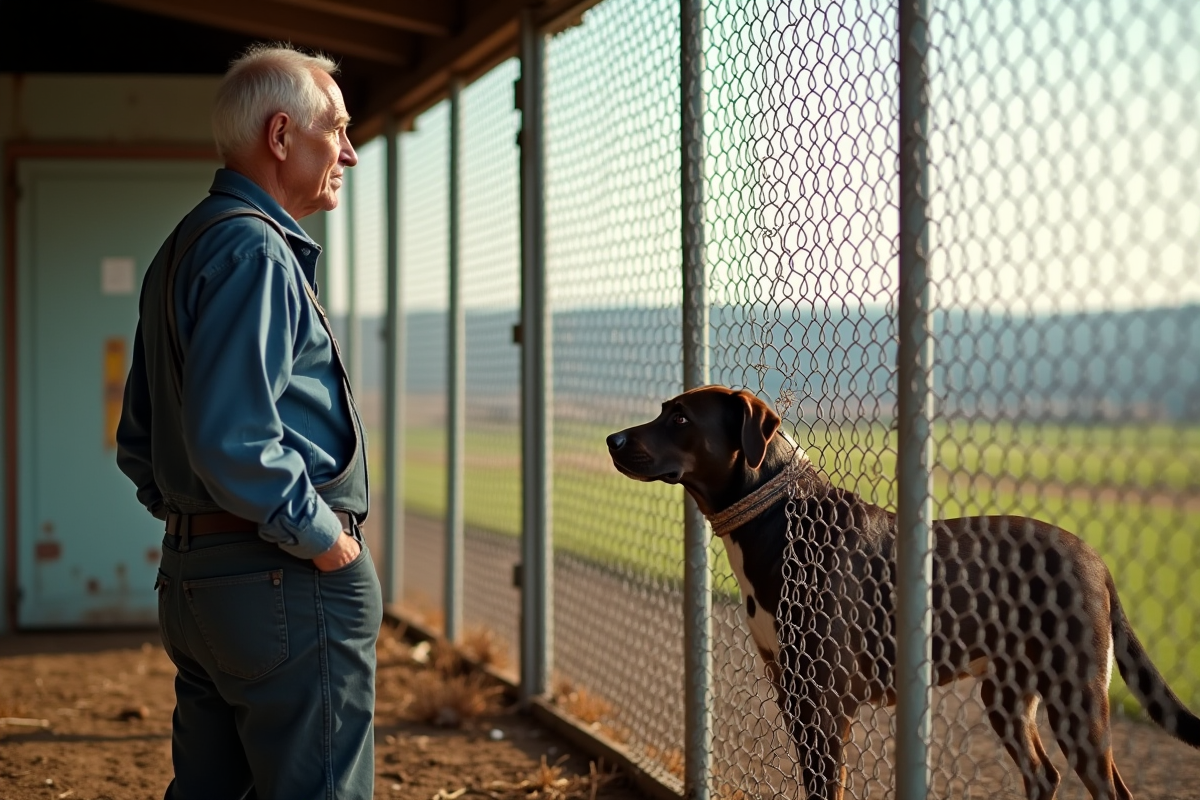Homme observant un chien derrière la clôture à la ferme