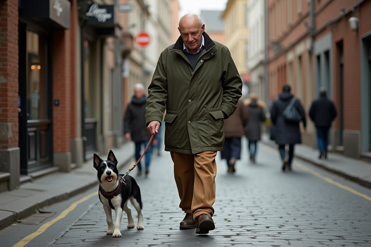 Homme âgé marche un terrier noir et blanc dans une rue pavée