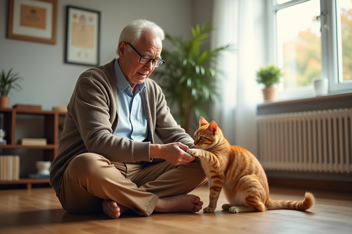Homme âgé en cardigan avec chat orange dans une salle de thérapie chaleureuse