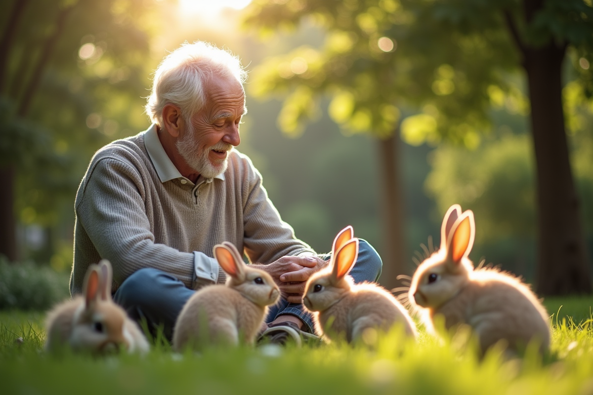 Homme âgé avec des lapins dans un jardin ensoleillé