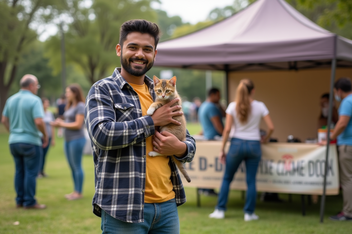 Jeune homme avec chaton lors d’un événement animalier