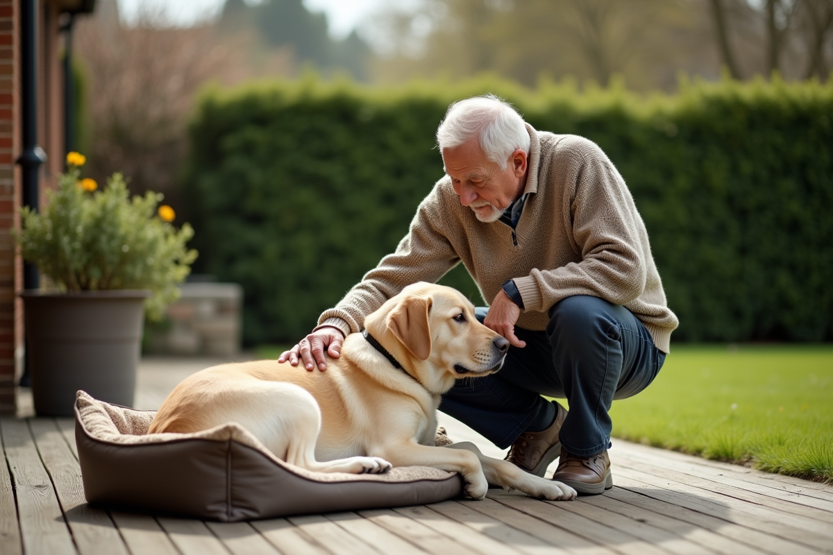 Homme âgé caressant son labrador dans le jardin