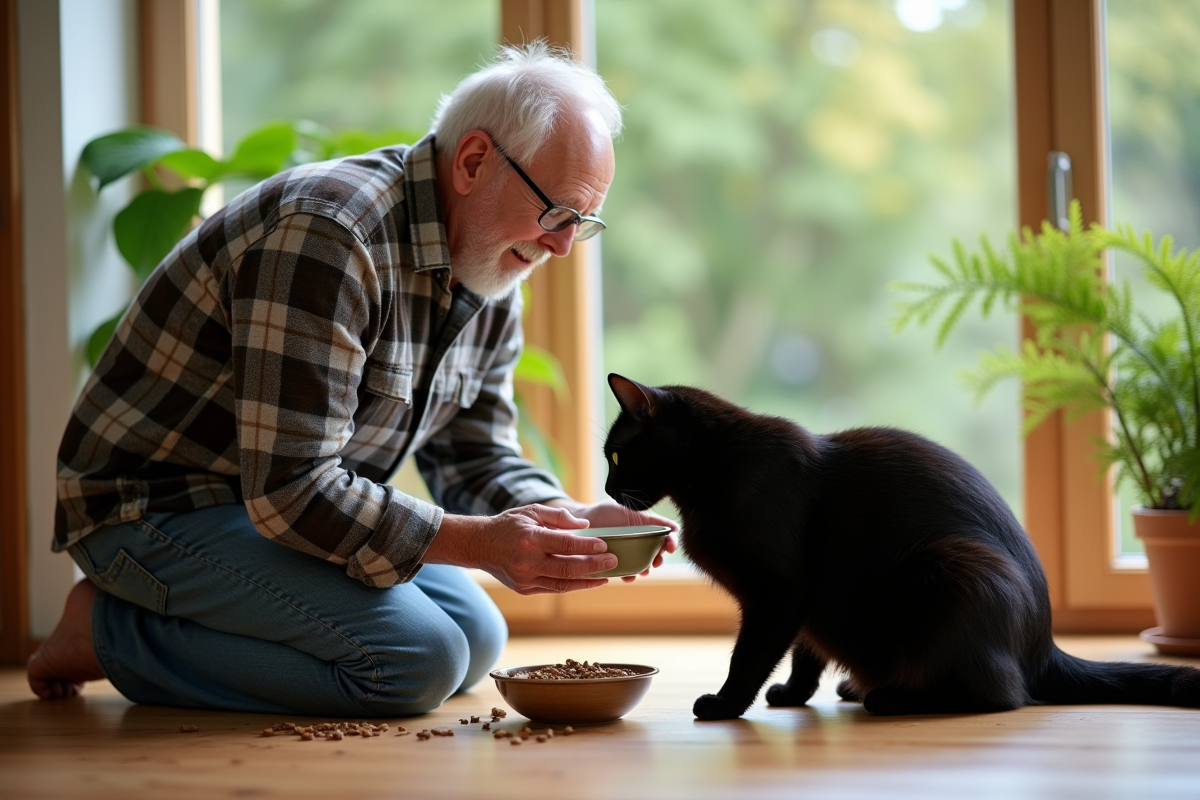 Homme âgé donnant à manger à son chat noir dans la véranda lumineuse