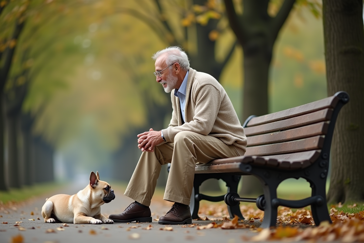 Homme âgé et chien french bulldog dans un parc