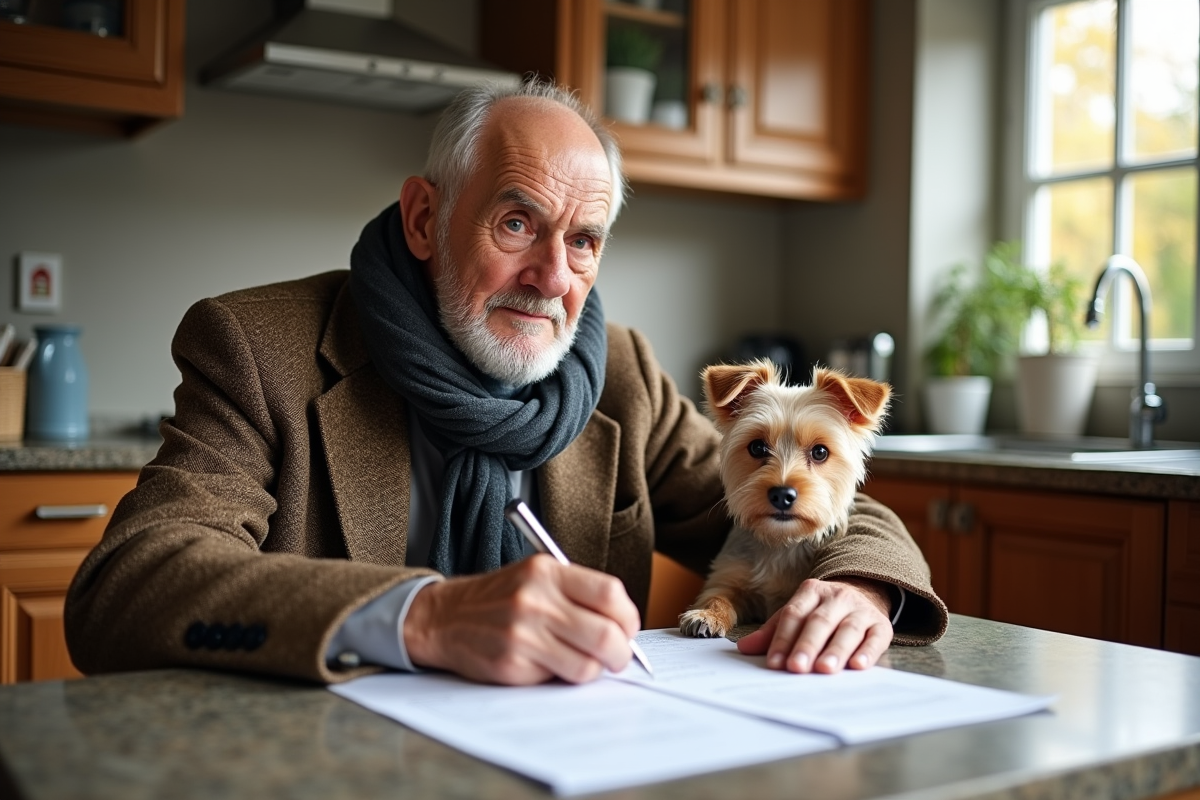 Homme retraité avec son chien regardant des papiers dans la cuisine