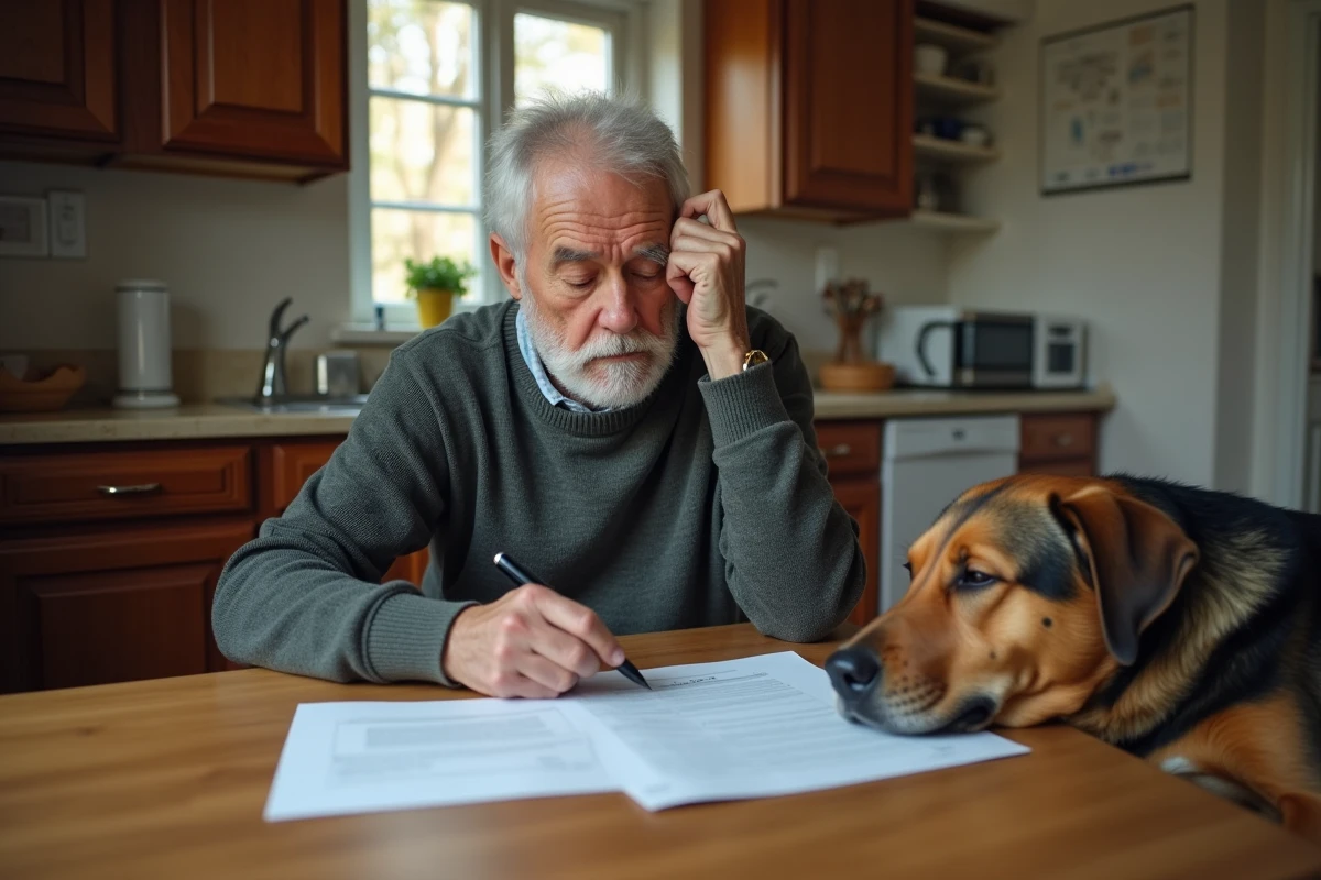 Homme âgé avec chien dans la cuisine à la maison