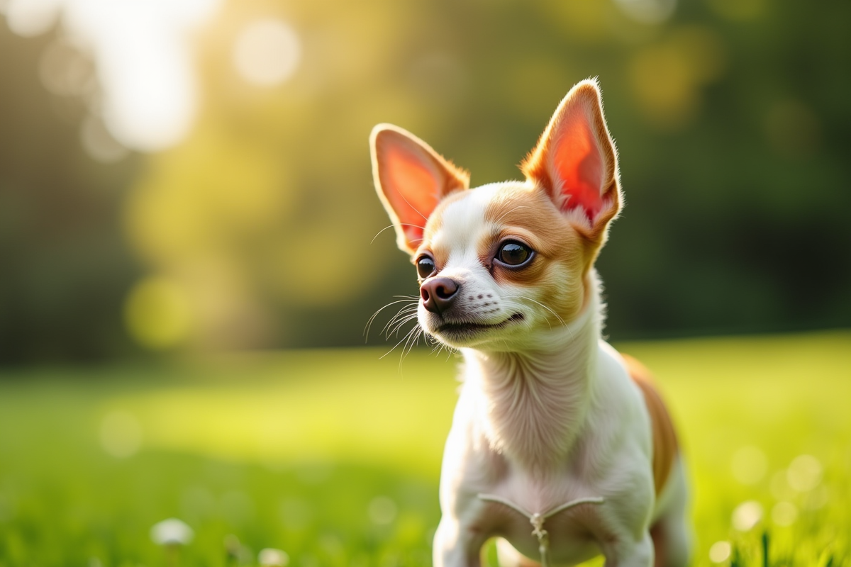 Jeune chihuahua dans un jardin verdoyant en plein jour
