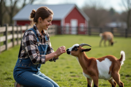 Jeune femme en overalls donnant à manger à une chèvre dans un pré