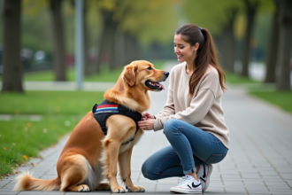 Jeune femme en jeans et pull ajuste un harnais à son chien dans un parc