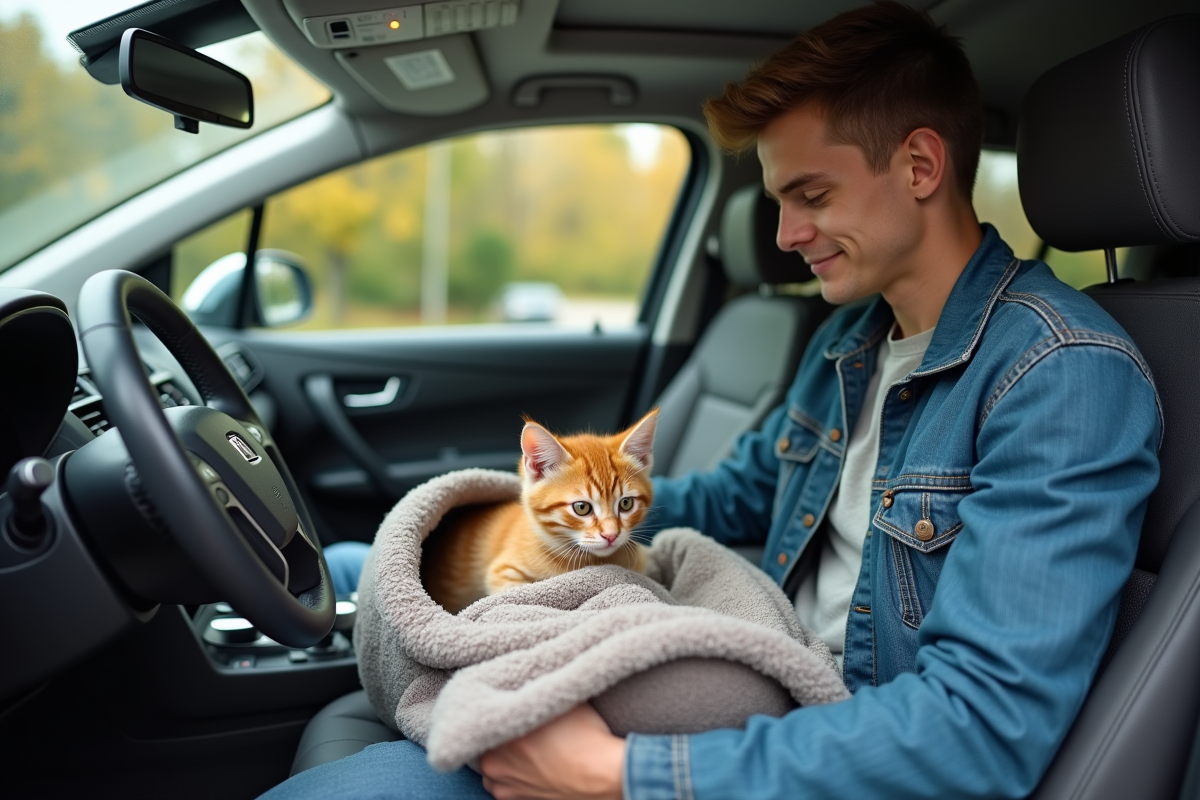 Jeune homme avec chaton dans la voiture