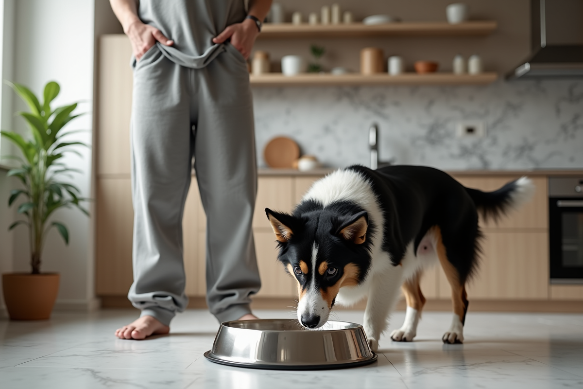Jeune homme avec chien noir et blanc dans une cuisine moderne