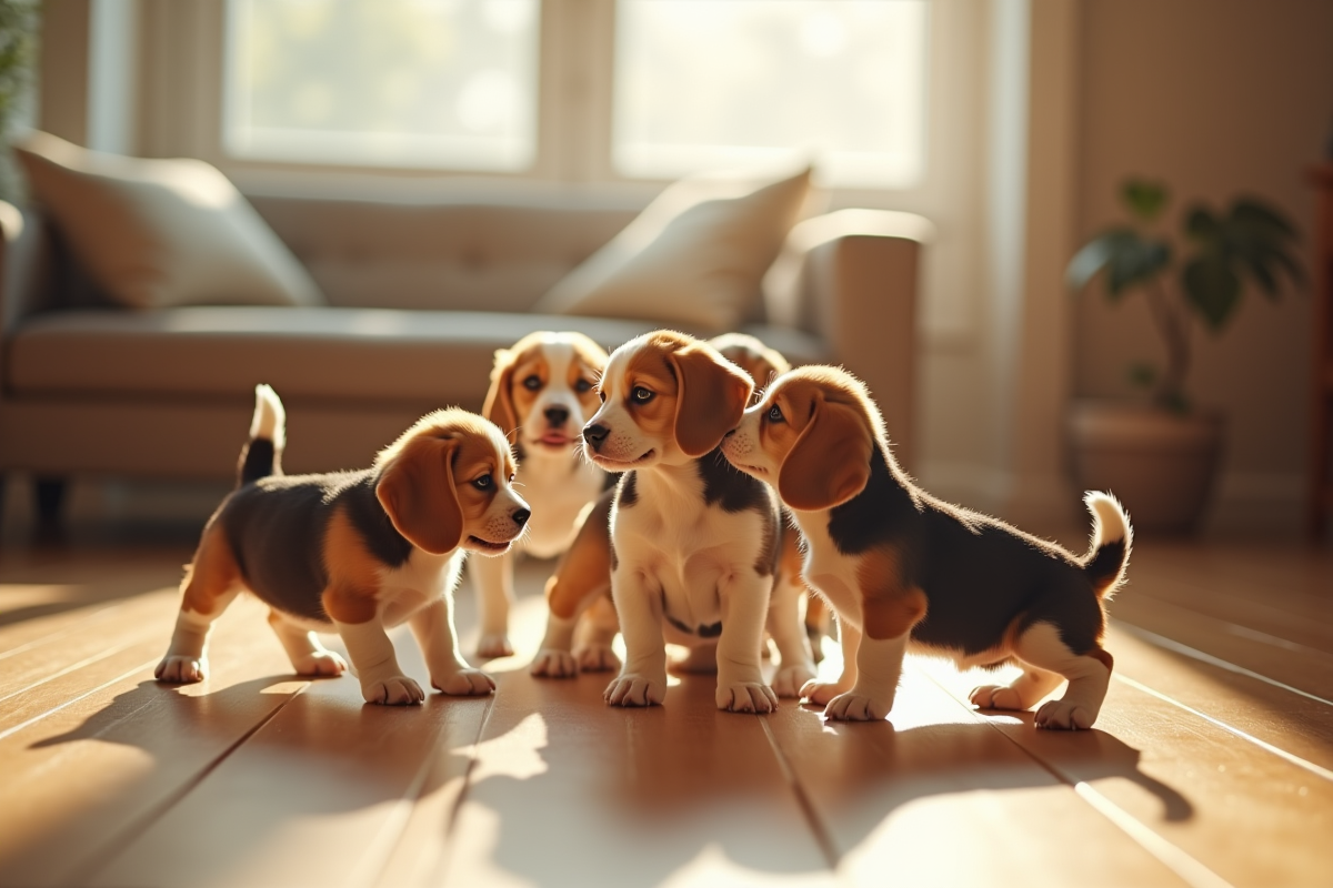 Groupe de jeunes beagles jouant sur un sol en bois en intérieur