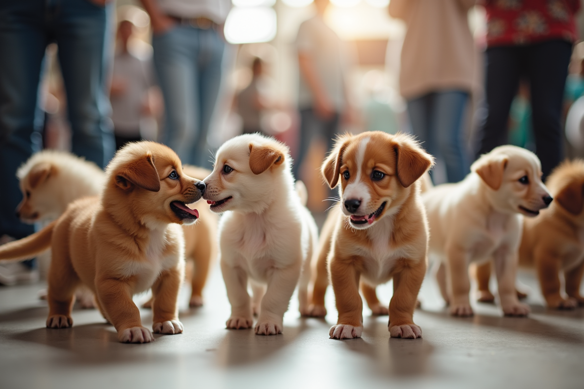 Groupe de chiots joueurs lors d'un salon canin intérieur