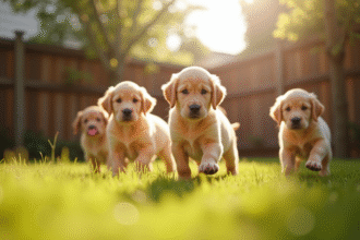 Groupe de chiots Golden Retriever jouant dans un jardin ensoleille