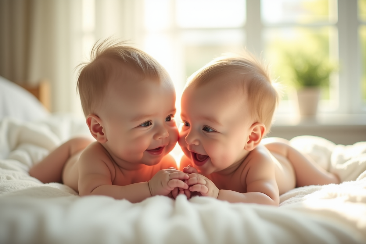 Jumeaux conjoins allongés sur une couverture blanche dans une nurserie lumineuse