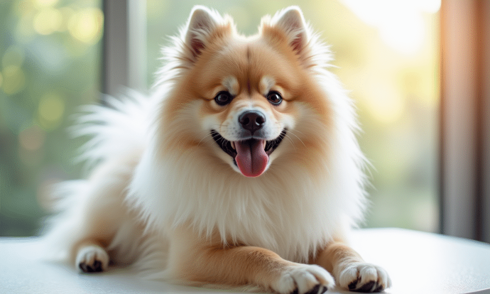 Keeshond bien toiletté sur table de toilettage lumineuse
