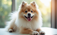 Keeshond bien toiletté sur table de toilettage lumineuse