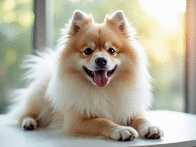 Keeshond bien toiletté sur table de toilettage lumineuse