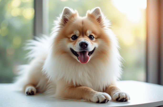 Keeshond bien toiletté sur table de toilettage lumineuse