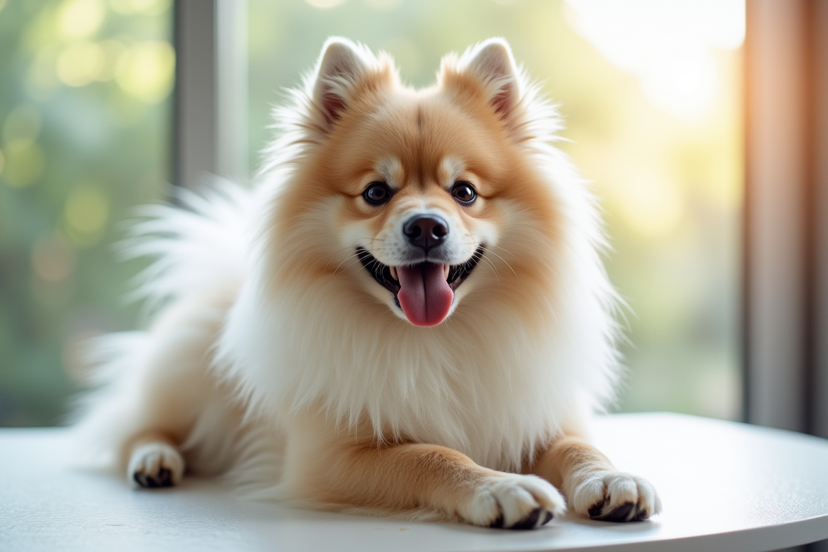 Keeshond bien toiletté sur table de toilettage lumineuse