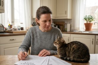 Femme consultant des documents de mutuelle chat à la maison avec son chat roux posé sur la table