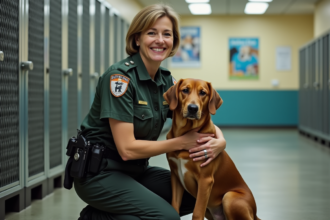 Officier animalier réconforte un chien dans un refuge