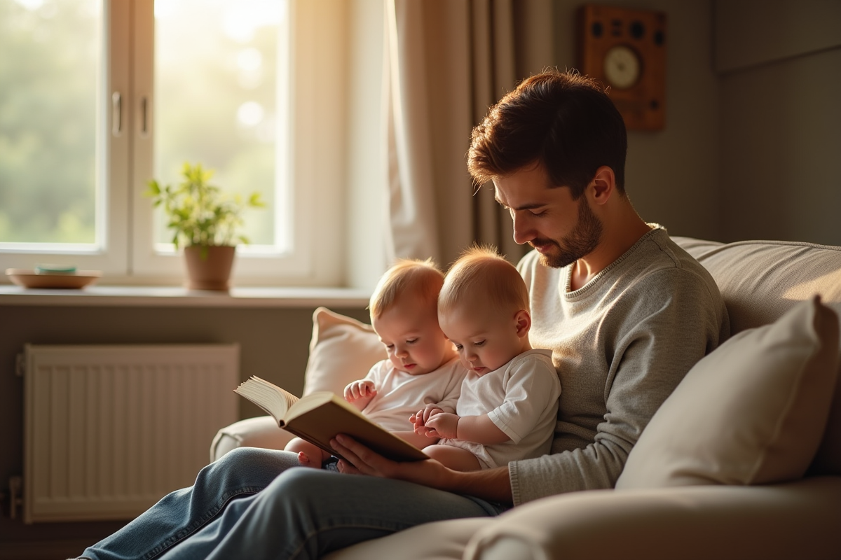 Parent lisant doucement à des jumeaux conjoins dans un salon paisible