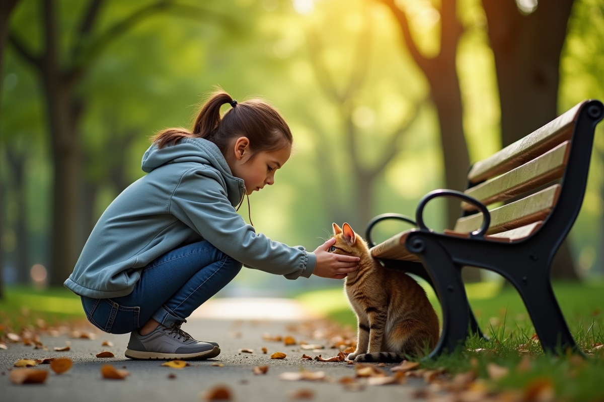 Personne inquiète tendant la main au chat dans le parc