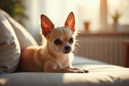 Petit chihuahua âgé allongé sur un canapé lumineux