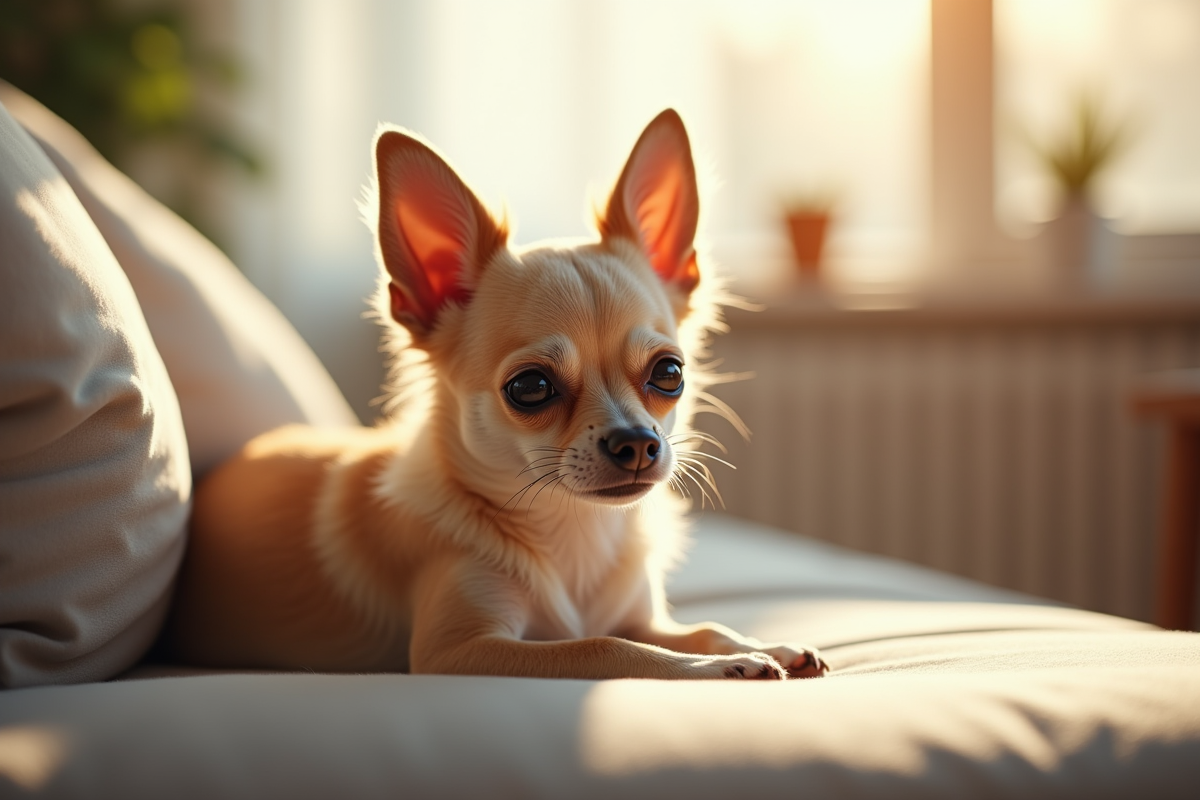 Petit chihuahua âgé allongé sur un canapé lumineux