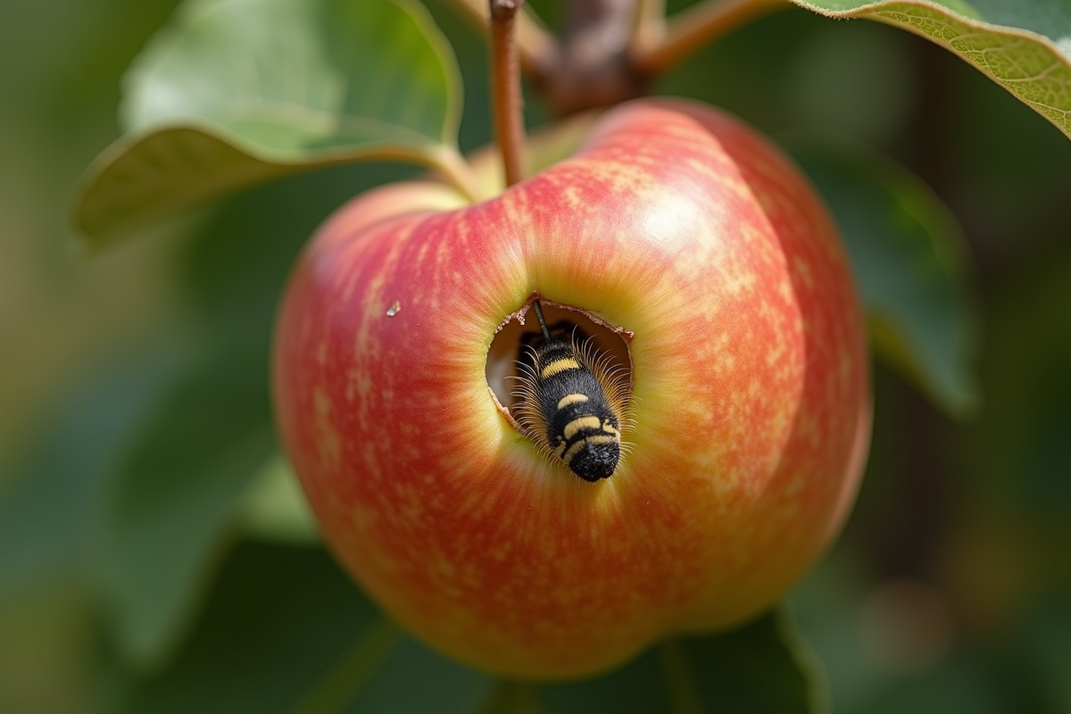 Pomme mature endommagee par une chenille avec trou d entree
