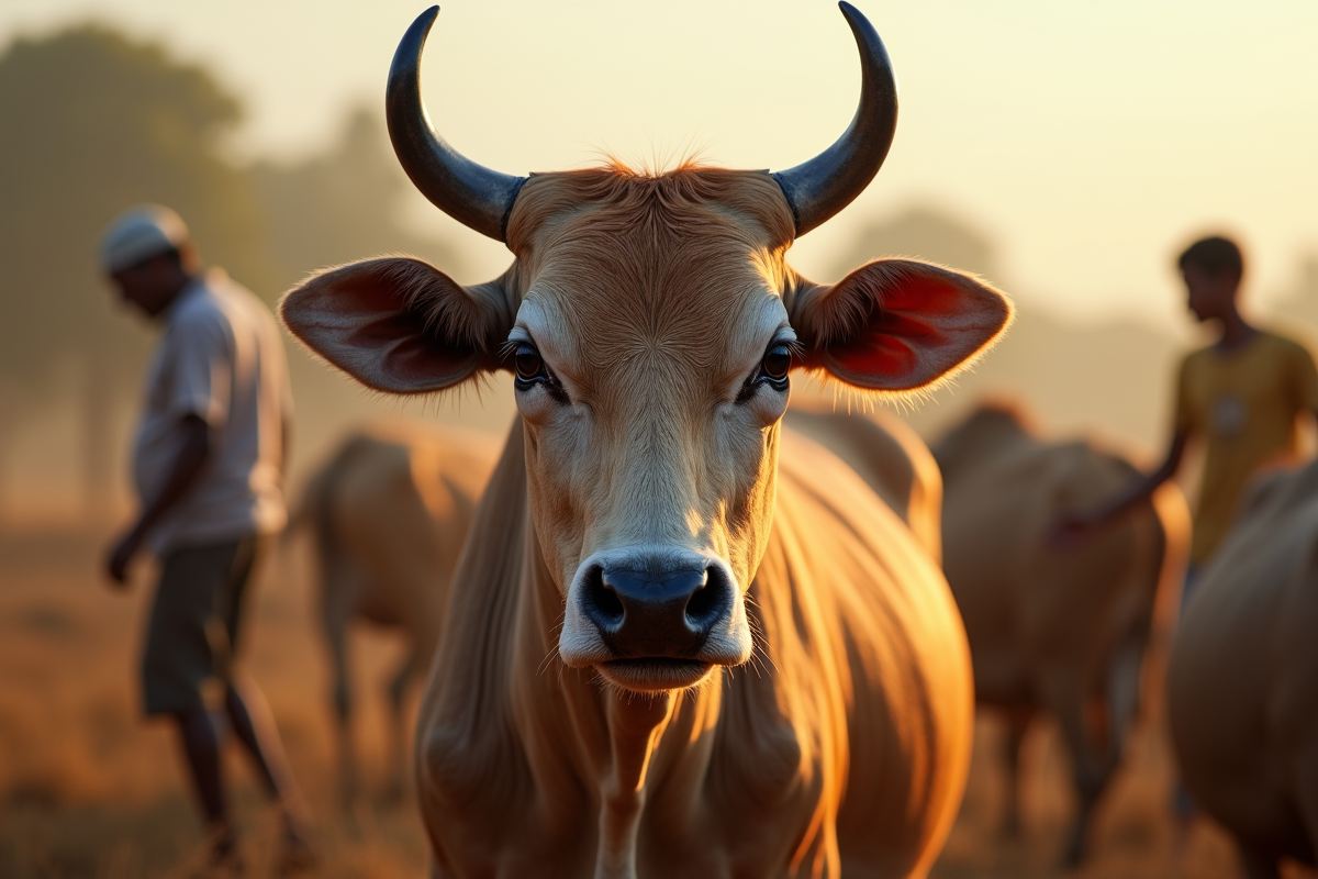 Portrait de zebu dans un village rural avec fermiers