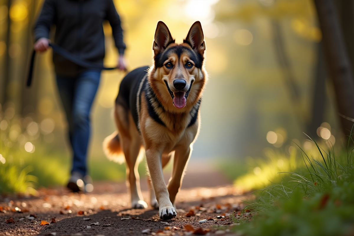 Chien mix German Shepherd et Husky marchant en forêt en journée