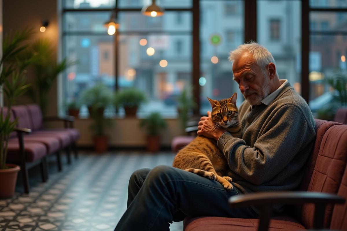 Propriétaire âgé tenant un chat malade dans une salle d