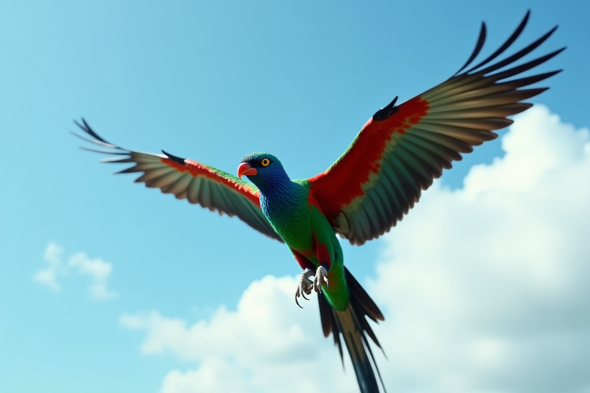 Quetzal en vol avec plumes irisées contre le ciel bleu