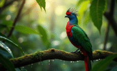 Quetzal perché sur une branche dans la forêt tropicale