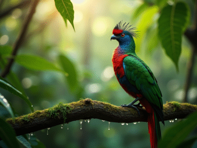 Quetzal perché sur une branche dans la forêt tropicale