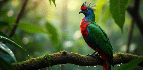 Quetzal perché sur une branche dans la forêt tropicale