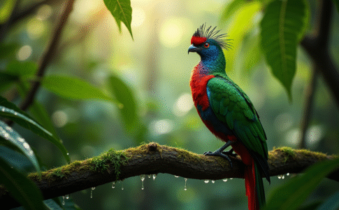Quetzal perché sur une branche dans la forêt tropicale