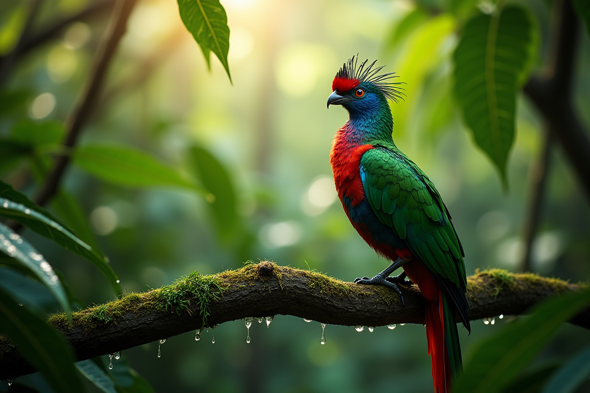 Quetzal perché sur une branche dans la forêt tropicale