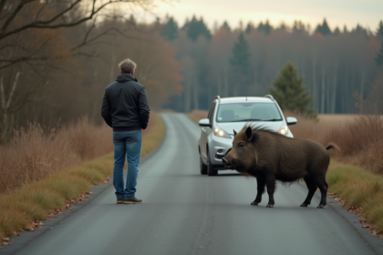 Homme surpris par un sanglier près de sa voiture en campagne