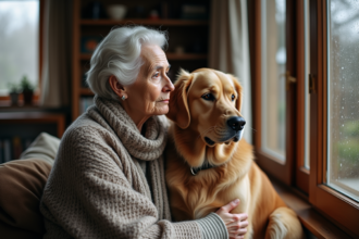 Senior Golden Retriever et femme âgée dans un intérieur chaleureux
