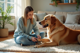 Femme en jeans et pull bleu trimant les ongles d'un retriever