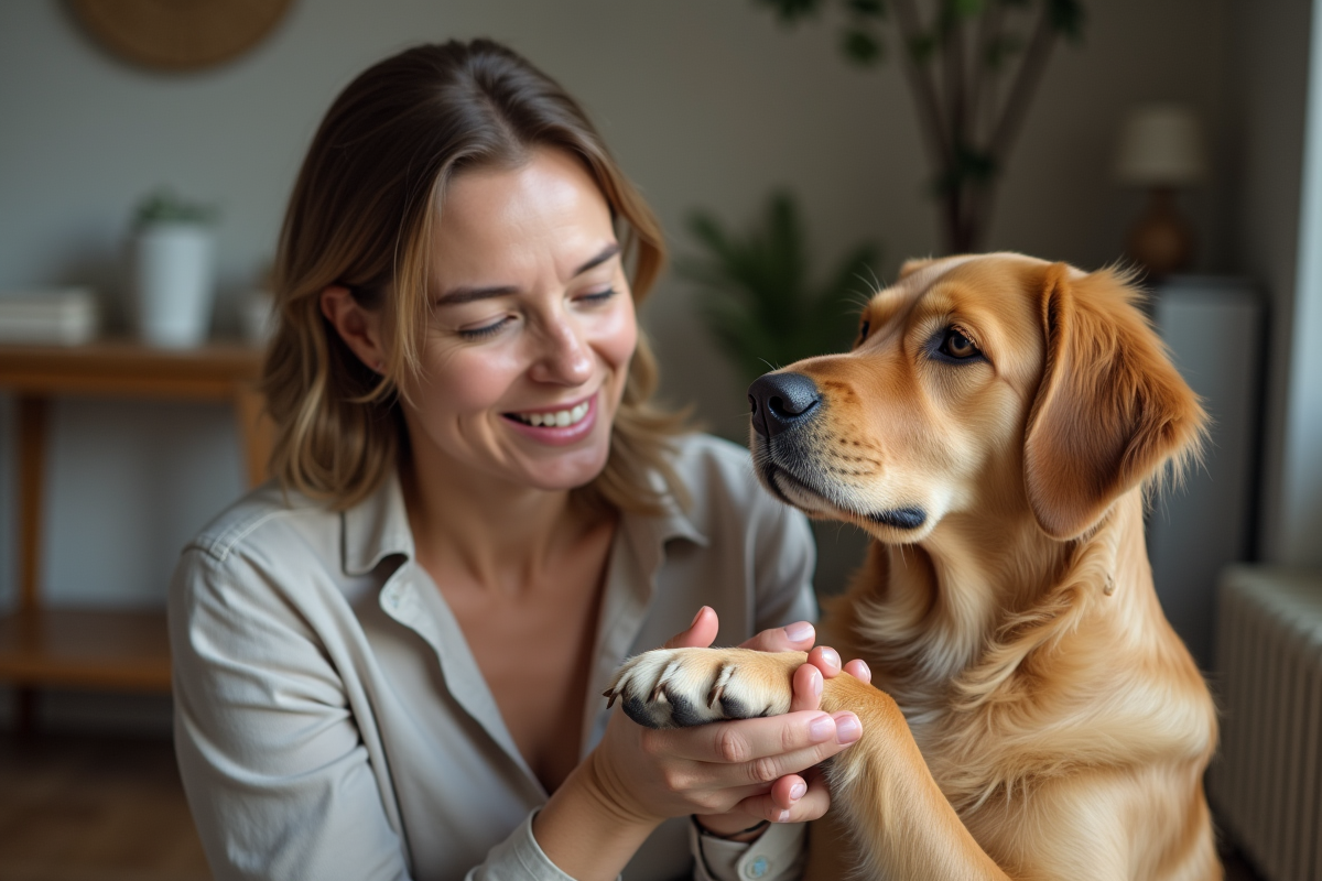 Femme détendue soignant un golden retriever à la maison