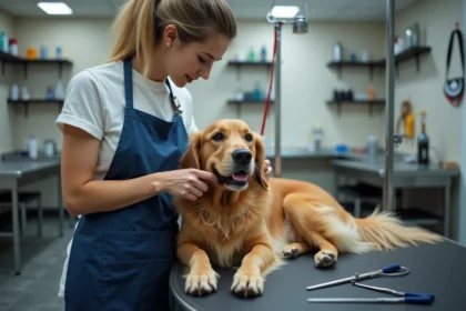 Femme en tablier bleu peignant un golden retriever dans un salon