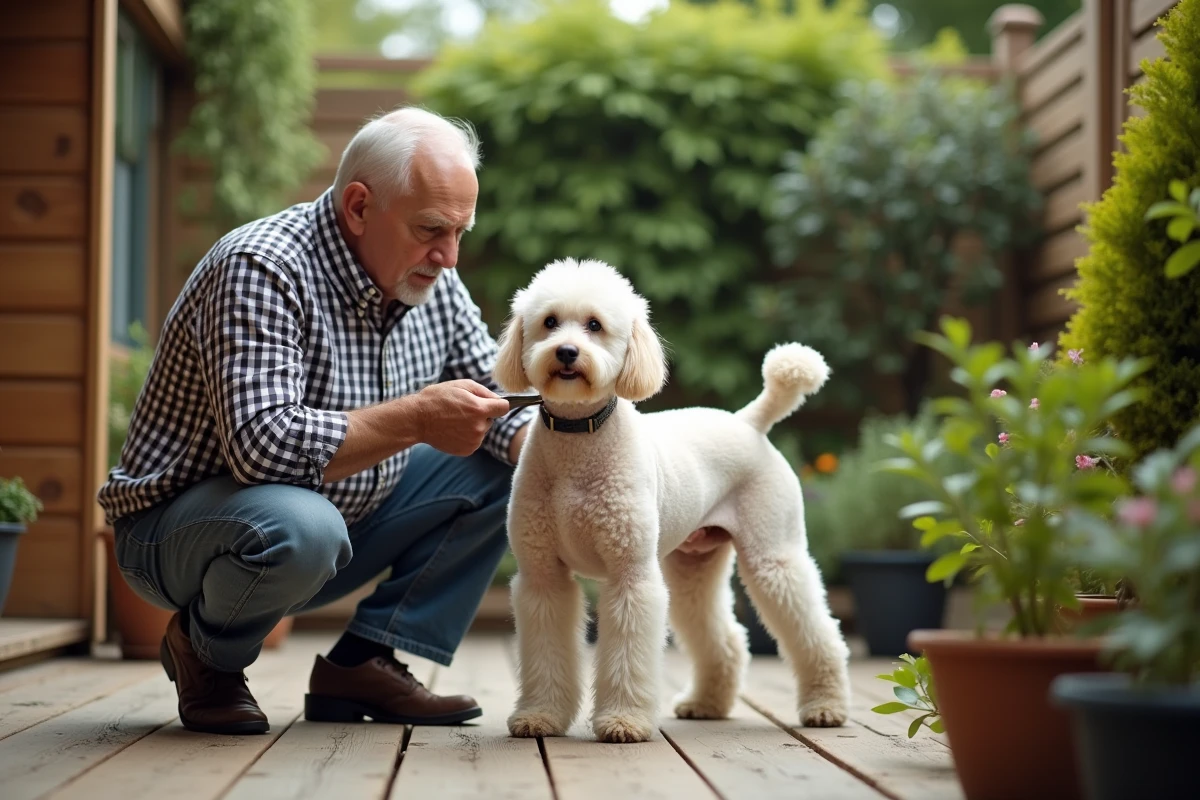 Toiletteur âgé scissant un poodle blanc dans un jardin