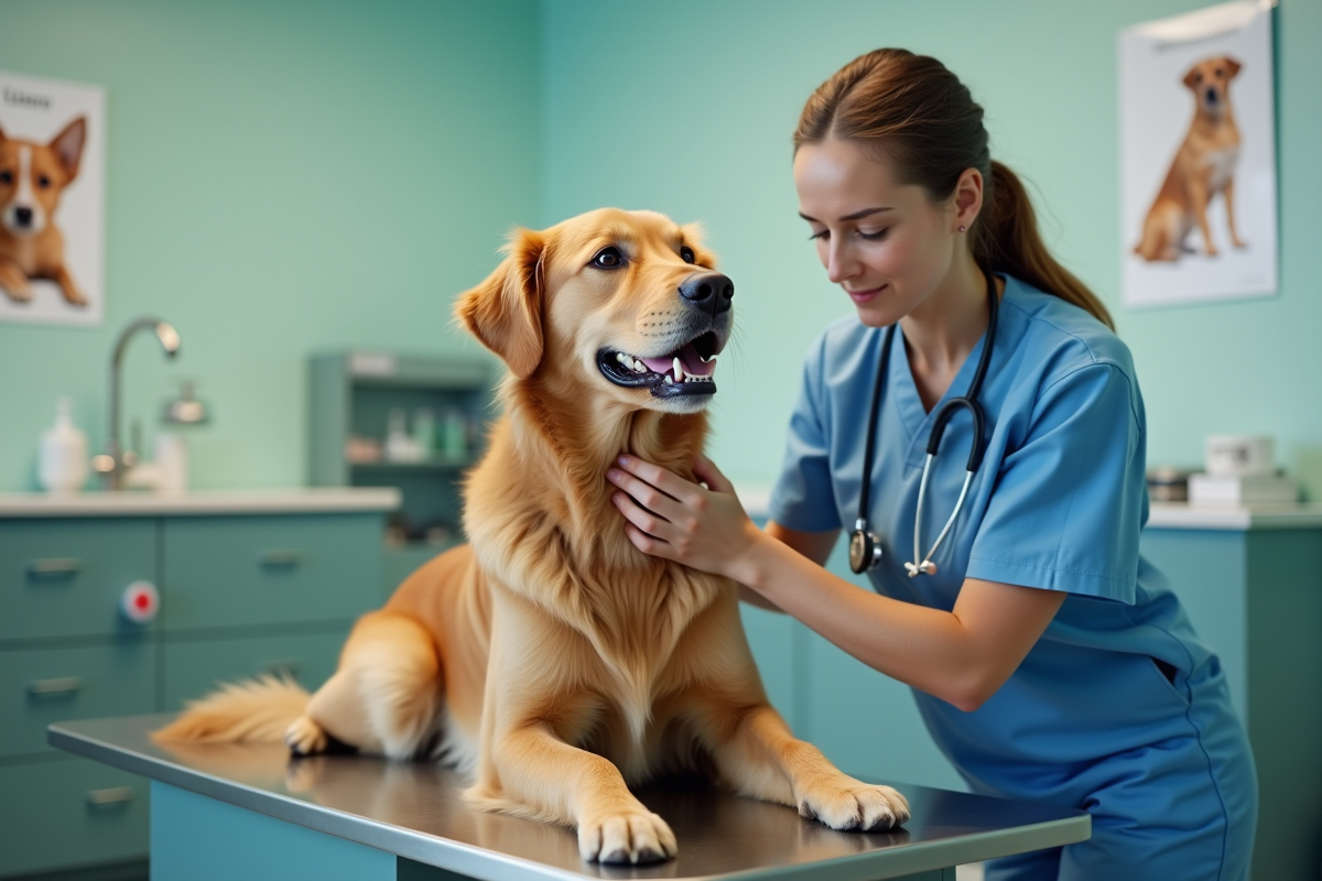 Vétérinaire examinant un chien anxieux dans une clinique